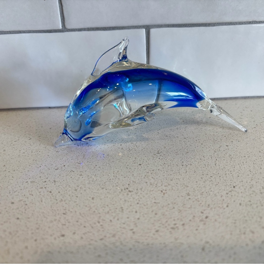 Vtg murano art glass dolphin blue clear nautical coastal